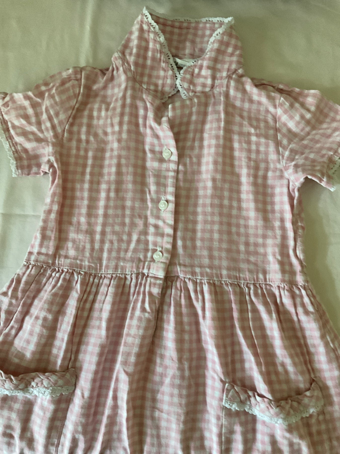 H&M Kleid 122 Rosa/Weiß kariert mit Spitzen am Kragen, Ärmel, Taschen