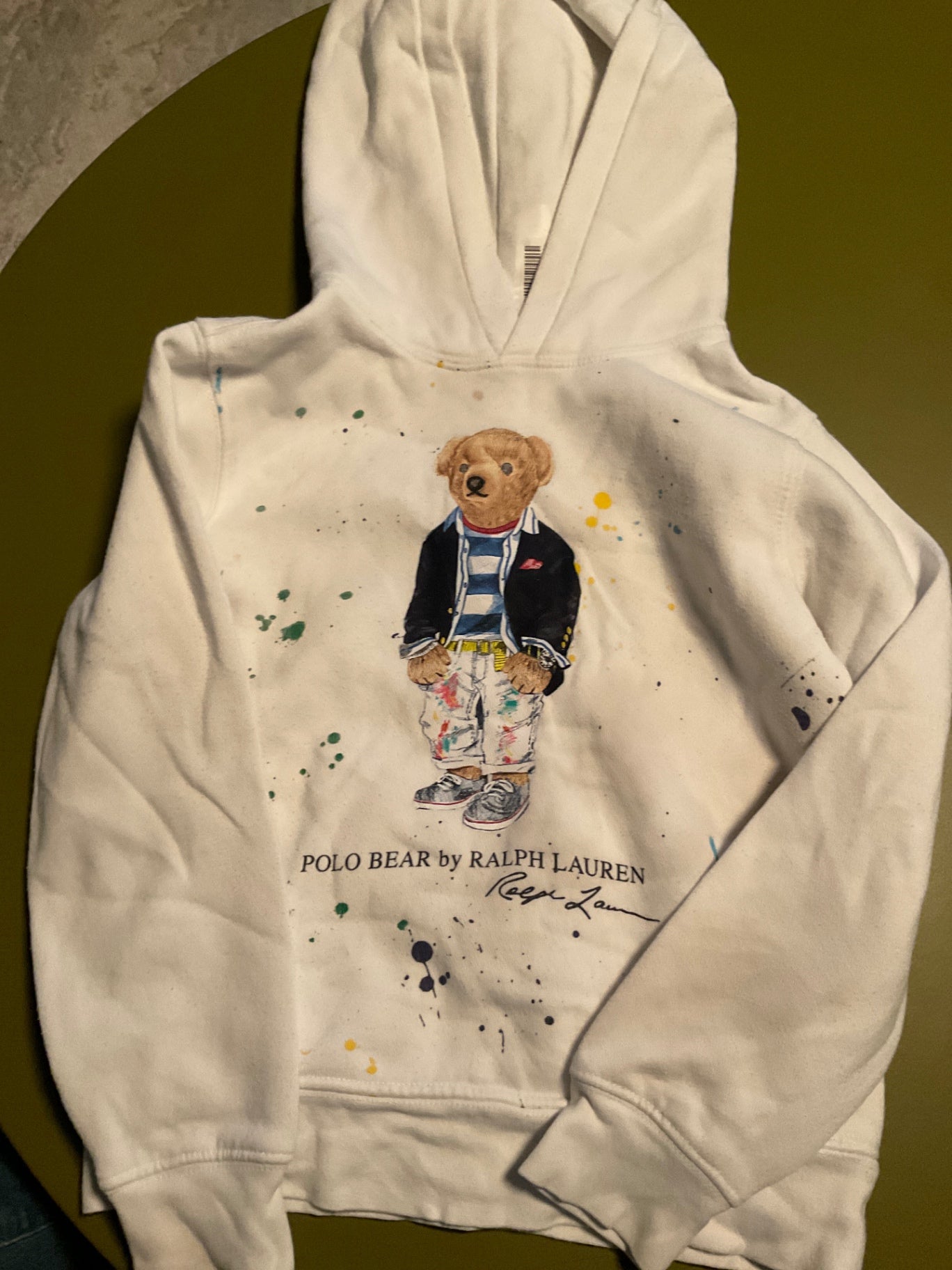 Ralph Lauren Hoodie mit Kapuze 116 Weiß mit mehrfarbigen Punkten/Bären