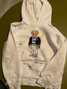 Ralph Lauren Hoodie mit Kapuze 116 Weiß mit mehrfarbigen Punkten/Bären