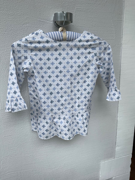 Bonnet à Pompon Bluse 128 Weiß mit blauem Muster