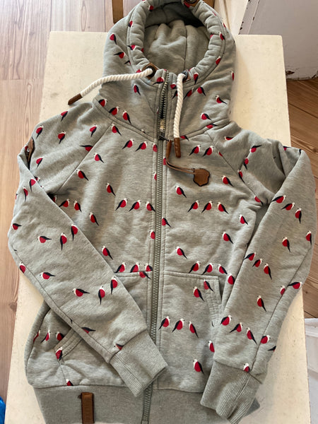 NAKETANO Hoodie *Zip mit Kapuze  XS Grau mit Vogelmuster Rot