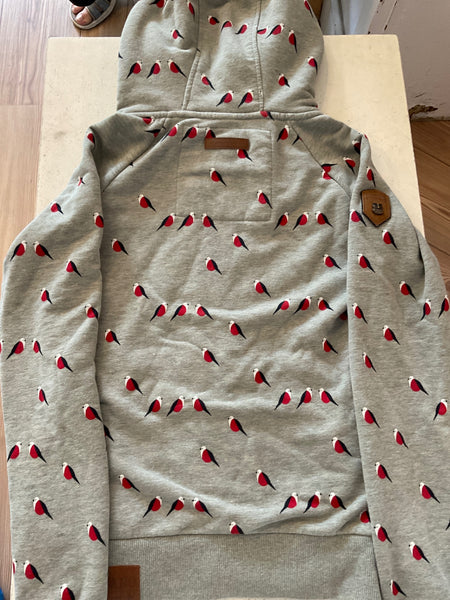 NAKETANO Hoodie *Zip mit Kapuze  XS Grau mit Vogelmuster Rot