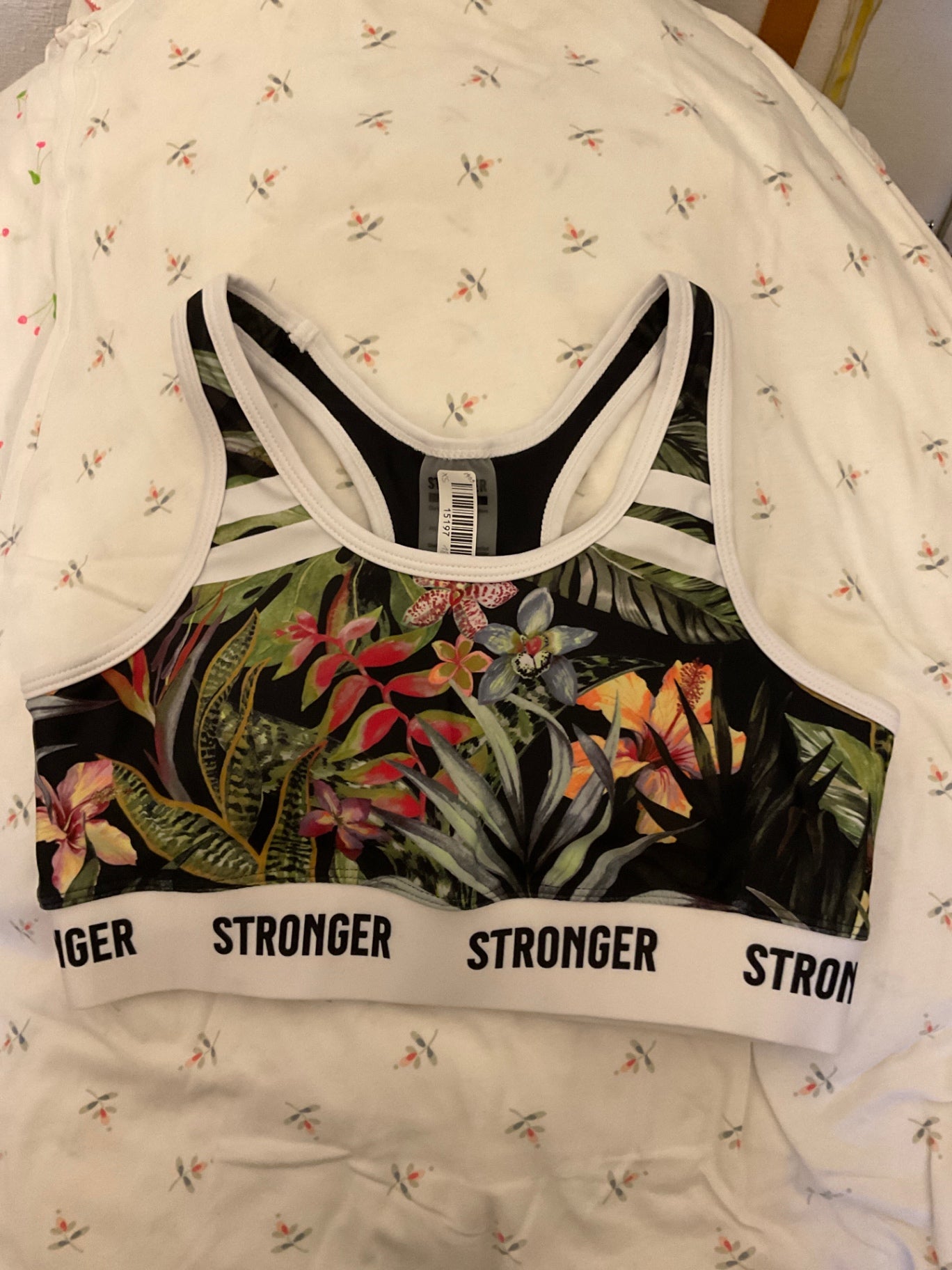 Stronger Sport-BH XS Schwarz, Weiß mit farbenfrohem Blumenmuster