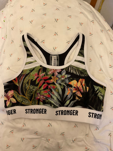 Stronger Sport-BH XS Schwarz, Weiß mit farbenfrohem Blumenmuster